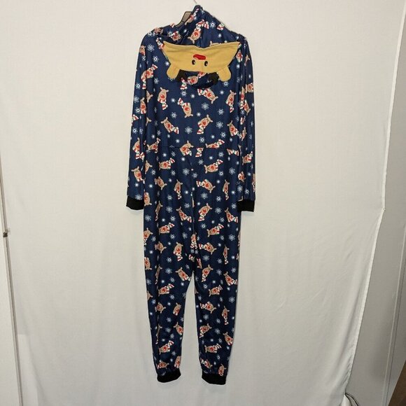 Blue Knit, Rudolph Reindeer One-Piece Hooded Christmas Pajamas; Men Size L - Picture 1 of 5